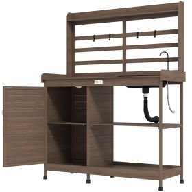 Outsunny Wooden Potting Bench with Storage, Sink, Water Tap for Backyard, Patio, Balcony, Dark Brown