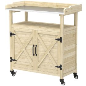 Outsunny Outdoor Wooden Potting Bench with Storage Cabinet, Aluminum Tabletop, Rubber Wheels for Backyard, Patio, Natural Wood